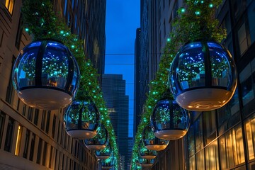 Public transport pods glide through bioluminescent alleys amid urban greenery at twilight