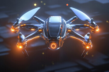 Drone with symmetrical wings and glowing sensors flying above an urban landscape at twilight