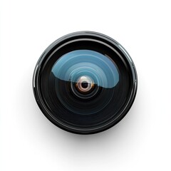 Close-up of a black camera lens, circular shape, with reflective glass elements, isolated on a white background