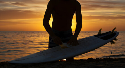 Silhouette of a Surfer Preparing a Surfboard at Sunset on the Beach with Glowing Horizon and Calm Waves