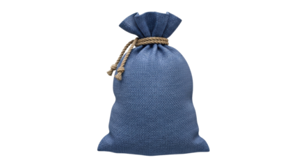 Isolated blue sack tied with rough rope, bag filled with unknown treasures or goods, textile