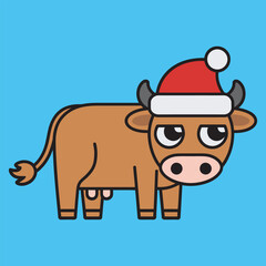 Grumpy Cartoon Brown Cow with Santa Hat Icon, vector illustration