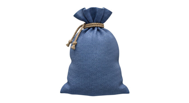 Isolated blue sack tied with rough rope, bag filled with unknown treasures or goods, textile