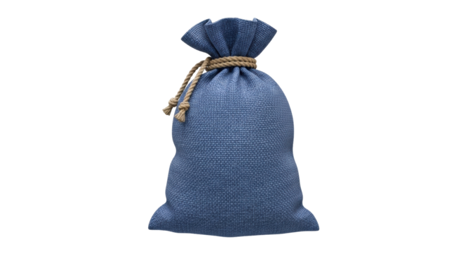 Isolated blue sack tied with rough rope, bag filled with unknown treasures or goods, textile