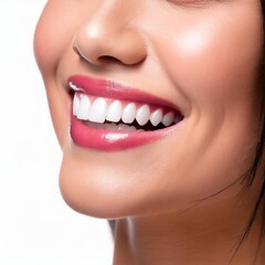 Naklejka premium Close-up of a young woman’s face with white teeth and glossy lips — aesthetic dentistry and cosmetic beauty concept for skincare and makeup visuals