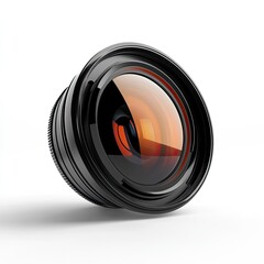 Close-up view of a modern camera lens, black metallic body, with a prominent orange-red inner lens element, angled slightly