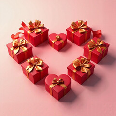 Fototapeta premium Red gift boxes arranged in heart shape with golden ribbons 
