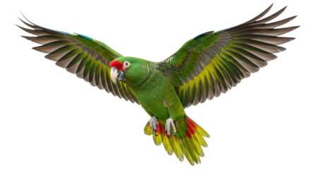 Isolated Turquoise-fronted Amazon Parrot in Flight with Wings Extended, Open Spread