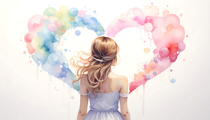 A storybook illustration of a girl blowing heart bubbles