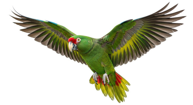 Isolated Turquoise-fronted Amazon Parrot in Flight with Wings Extended, Open Spread
