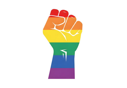 A raised fist colored with the rainbow stripes of the LGBTQ+ pride flag, symbolizing power, protest, and solidarity.