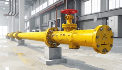 Large yellow industrial valve with red handwheel and caution sign in bright facility&mdash;evoking control, alertness, and the mechanical choreography of safety, pressure, and infrastructure.
