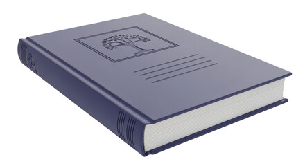 Isolated hardcover book with tree emblem, blue bound journal with blank pages for notes