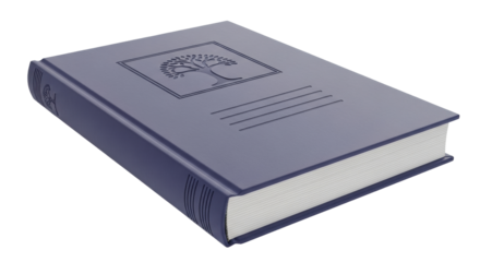 Isolated hardcover book with tree emblem, blue bound journal with blank pages for notes