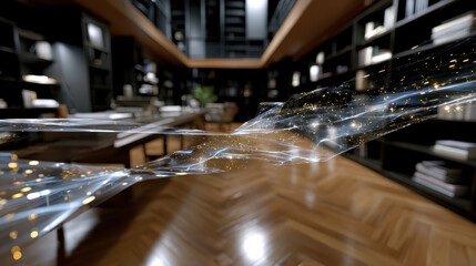 A serene library scene with delicate light threads weaving through the air, combining literature's timelessness with a magical, dreamlike quality of visual art.