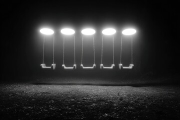 Five swings illuminated by overhead lights in a dark, foggy space