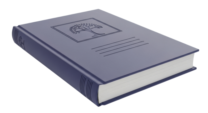 Isolated hardcover book with tree emblem, blue bound journal with blank pages for notes