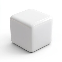 Single, glossy, white cube on white background