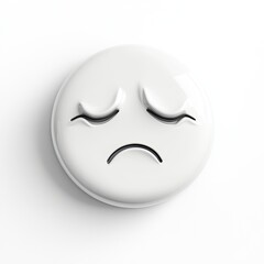 A white, round emoticon button depicts a sad face.  The face has downturned mouth and slightly droopy, curved eyelids.  3D effect; isolated on white background
