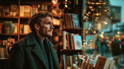 Obraz premium Young man thoughtfully gazing at books in cozy bookstore with lights 