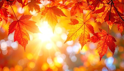 Fototapeta premium Autumn Foliage Displaying Vibrant Red and Orange Maple Leaves Backlit by Bright Sunlight Creating a Warm Golden Hue with Soft Focus