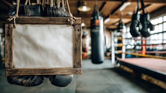 A rustic boxing gym scene hanging gloves and a blank canvas frame, an atmosphere of training and preparation, cute blurred sport frame with doodles - Powered by Adobe