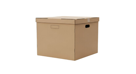 Isolated cardboard box, brown storage container, home organizing, shipping and moving supplies