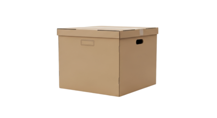 Isolated cardboard box, brown storage container, home organizing, shipping and moving supplies
