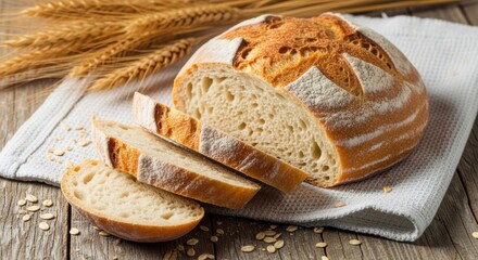 A freshly baked artisanal bread loaf with a golden crust, served on a wooden table alongside wheat stalks. The soft, airy interior and rustic appearance reflect the traditional baking process.