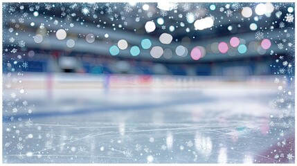 A blurred ice rink scene with colorful bokeh effects and snowflakes, evoking a chilly winter atmosphere perfect for ice skating or hockey, cute blurred sport frame with doodles