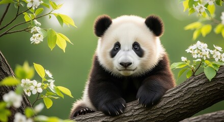 Fototapeta premium A captivating portrait of a giant panda sitting on a tree branch amidst blooming flowers and lush greenery. The panda's distinctive fur and adorable features create a charming, tranquil scene.