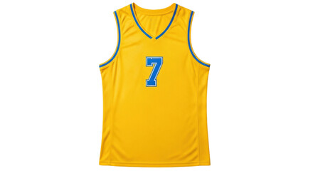 Isolated golden yellow basketball uniform shirt with number 7 on light neutral stage set