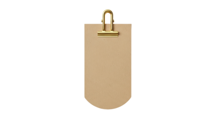 Isolated beige clipboard with gold metal clip for papers and announcements in office