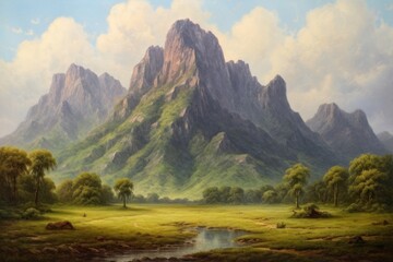 Scenery mountain meadow painting art landscape.