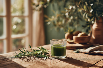 Glass of Fresh Green Smoothie in Morning Light