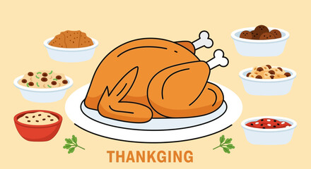 Illustration vector flat cartoon of food on happy Thanksgiving menu on dinner table setting as feast concept. Set of food on harvest festival on autumn. Roasted turkey and side dishes.