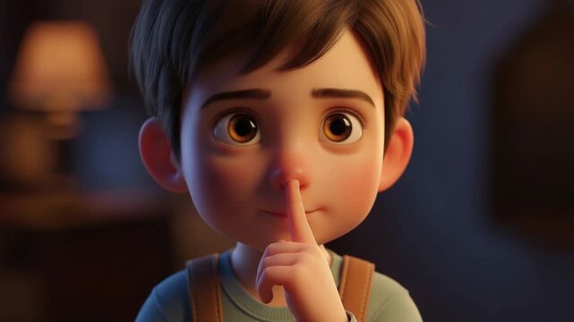 Cute animated boy with finger on lips asking for silence or secrecy close-up expressive eyes