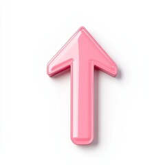 A vibrant, glossy, light-pink upward-pointing arrow against a plain white background.  It has a 3D appearance with rounded edges and a smooth, reflective surface