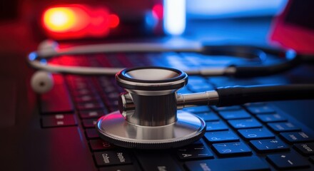 A stethoscope on a laptop keyboard symbolizes the integration of technology in medicine. The dramatic lighting with red and blue hues creates a striking visual effect.