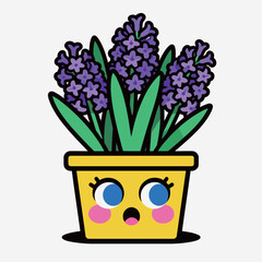 Vibrant potted hyacinth plant with stunning purple flowers and green leaves, growing in a yellow square pot with a surprised, wide-eyed cartoon face illustration.