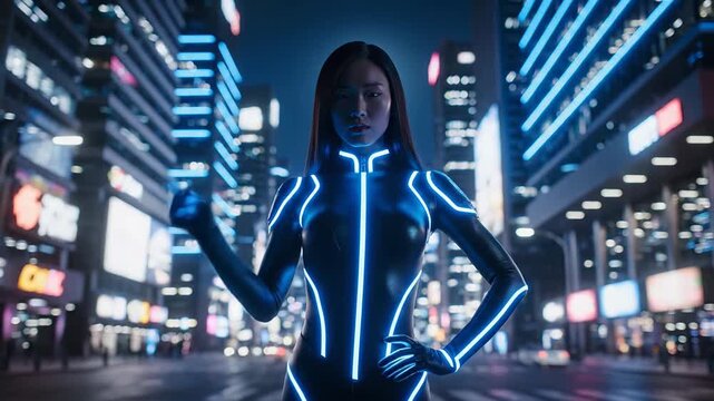 Bold Asian woman is positioned in the heart of a modern cityscape at night, donning a sleek high tech ensemble with luminous blue accents
