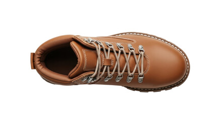 Isolated brown leather hiking boot with metal hardware on a neutral surface, high angle