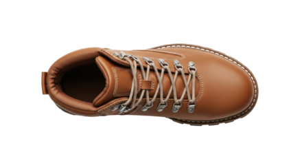 Isolated brown leather hiking boot with metal hardware on a neutral surface, high angle