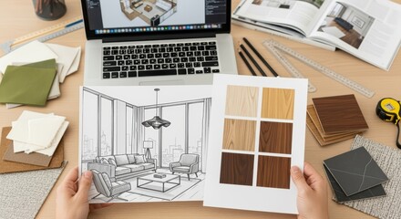 Workspace with laptop, drawing supplies, and design materials. Showcases the creative process of an interior designer or architect working on a room layout and design.