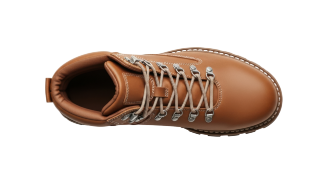 Isolated brown leather hiking boot with metal hardware on a neutral surface, high angle