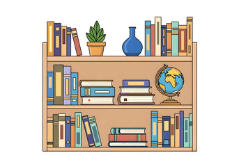 A wooden bookshelf filled with various books, a potted plant, a vase, and a globe.