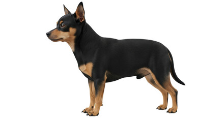 Isolated Miniature Pinscher dog with tan markings, standing side view, attentive pose