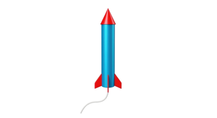 Isolated toy rocket with red cone and fins, blue body, and gray fuse, ready for launch