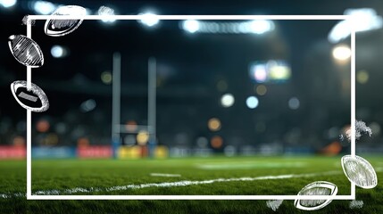 A vibrant rugby field under stadium lights, goalposts and a lively atmosphere, perfect for a thrilling match, cute blurred sport frame with doodles