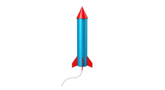Isolated toy rocket with red cone and fins, blue body, and gray fuse, ready for launch